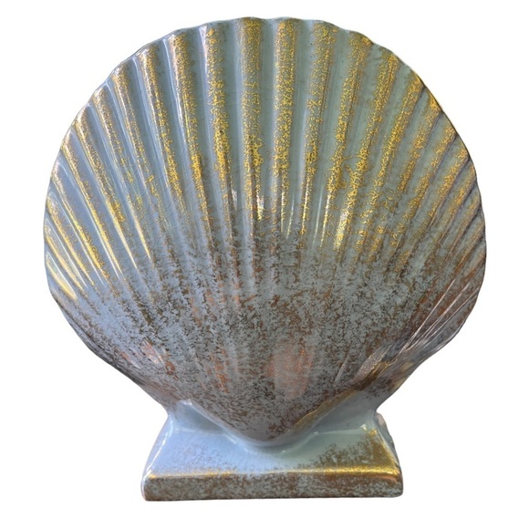 Vintage Powder Blue and Gold Clam Sea Shell Vase Planter - Picture 1 of 8